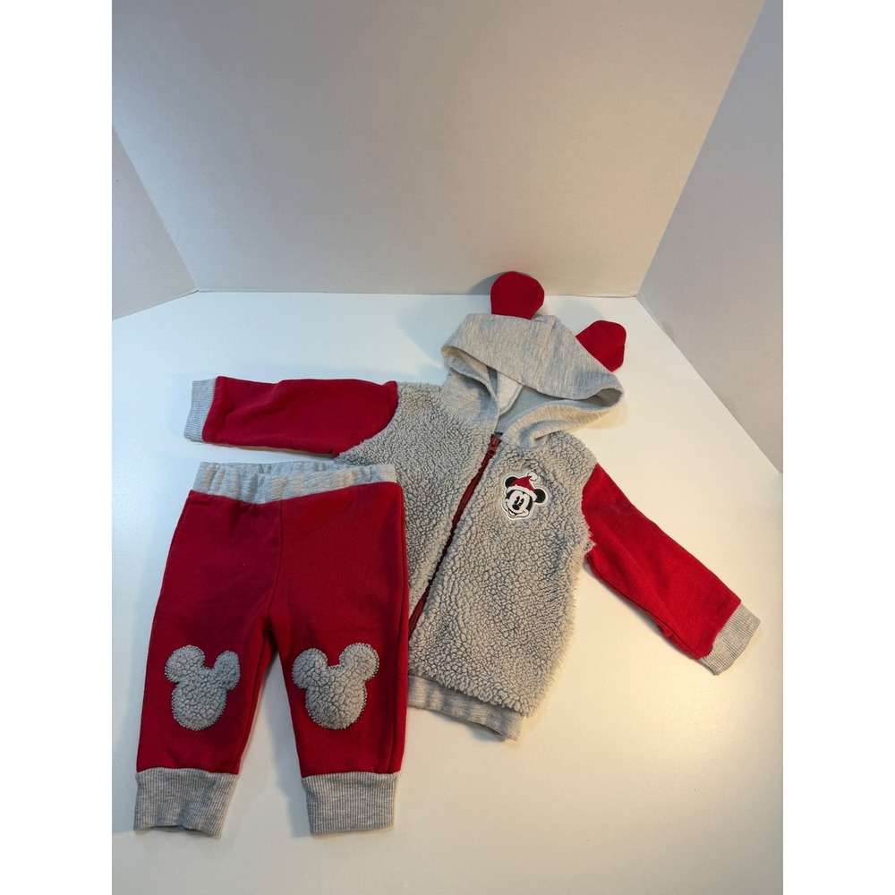 Disney Baby Hoodie Pants Set 6-9M Red Gray Mickey Mouse Christmas Sherpa READ